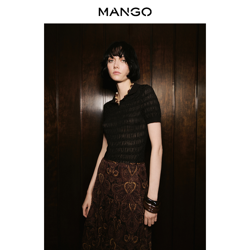 【Dark Grace】MANGO女装毛针织衫2025秋装新款Polo修身纹理毛衣