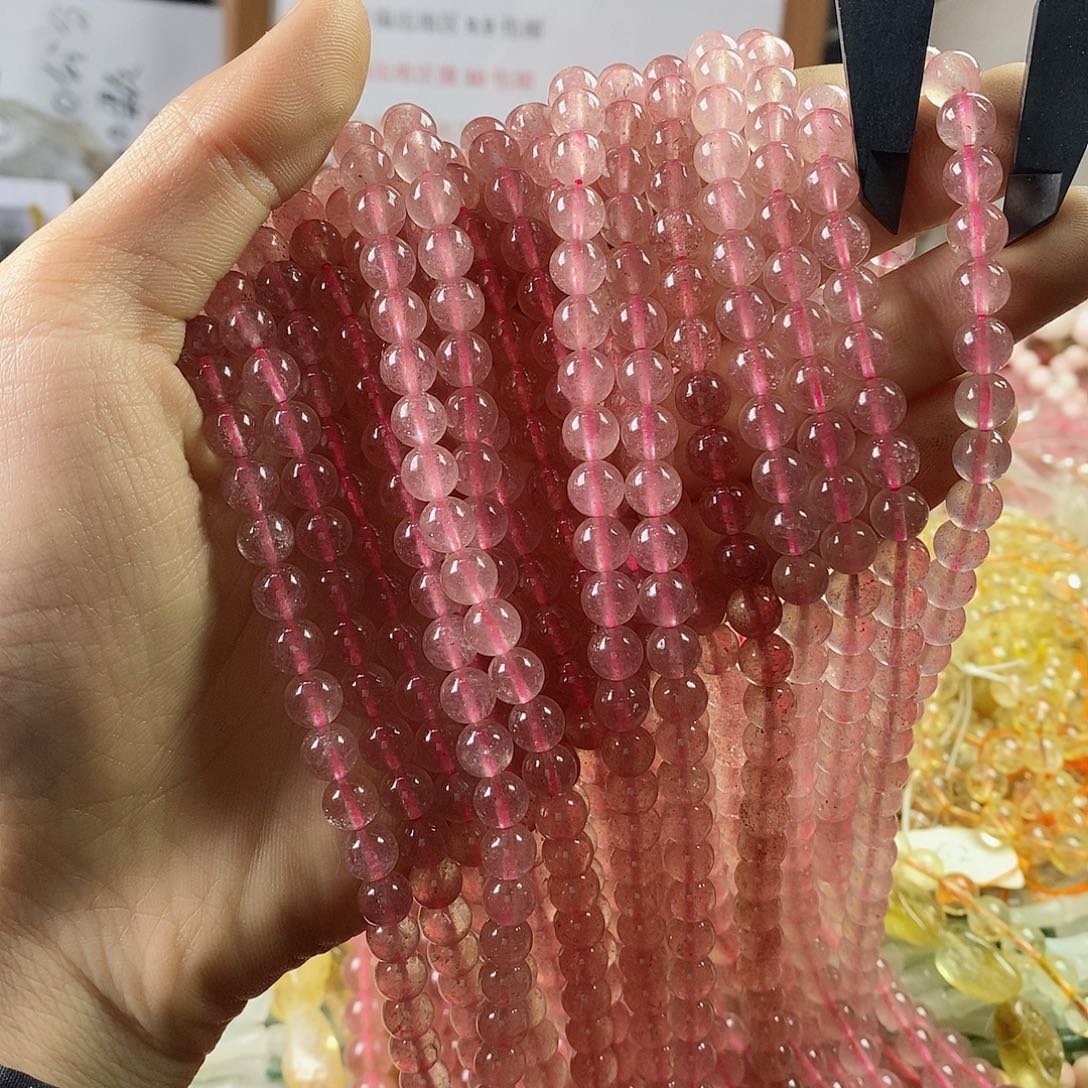 玛瑙/玉髓珠宝半成品合金一条天然6.7mm草莓晶圆珠A级