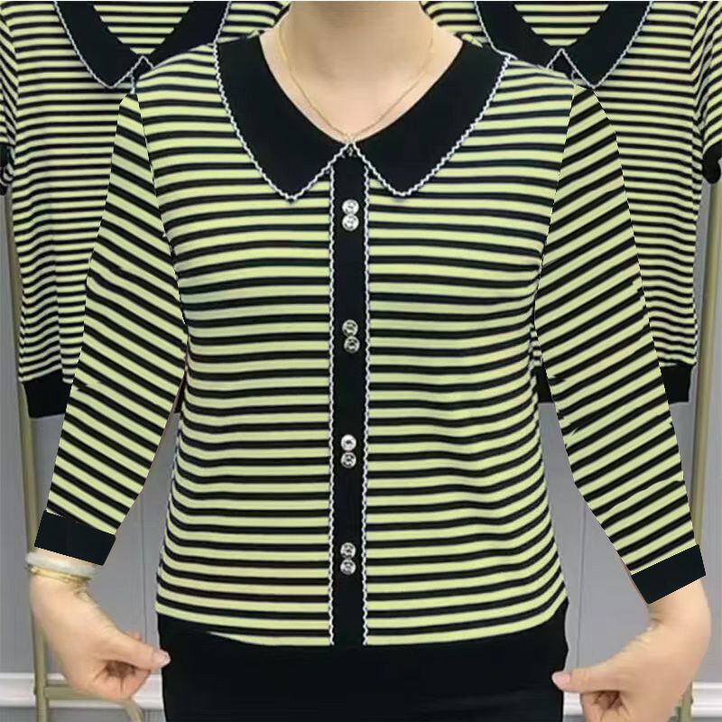 时尚洋气娃娃领t恤女2025春秋季新款长袖妈妈装条纹宽松显瘦