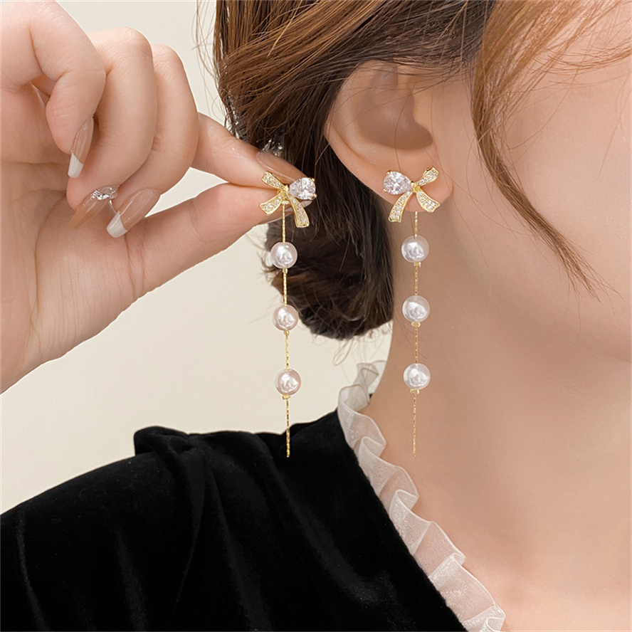 铜合金耳饰 长款流苏镶钻带珠珠仙气耳饰耳钉9036