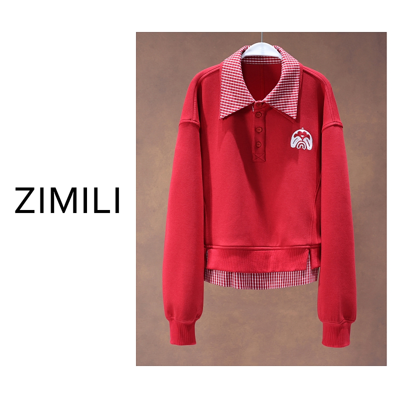 【亮哥欧货女装】冬季加厚《亲肤超柔》胭脂红立裁拼接衬衫卫衣26598