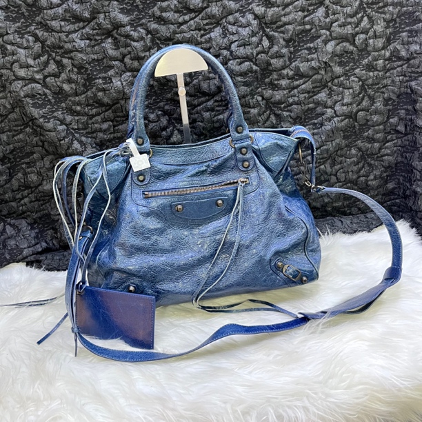 95新 Balenciaga/巴黎世家 巴黎世家蓝色中号机车单肩包