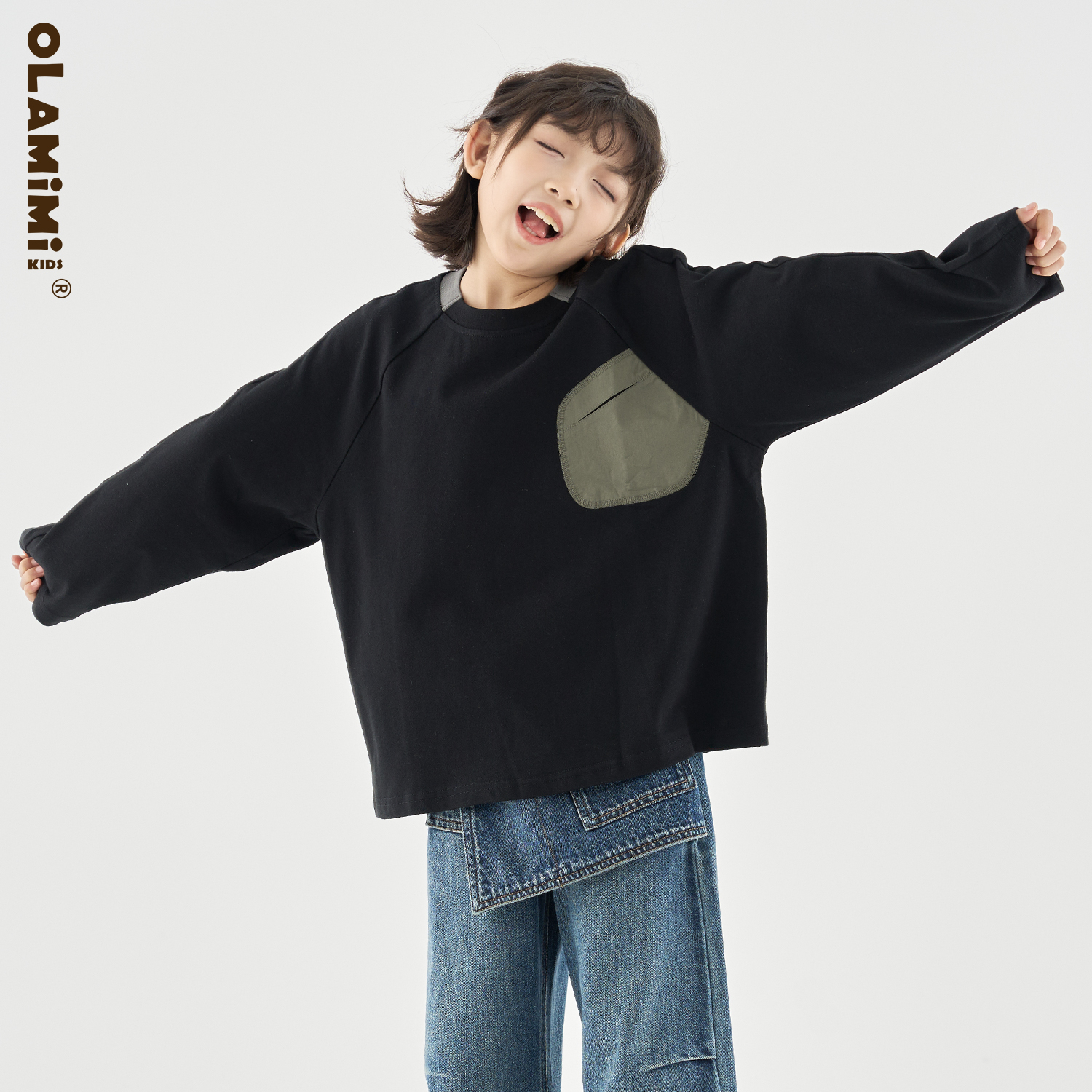 OLAMIMI童装 亲子墨黑撞色插肩袖不对称口袋纯棉休闲长袖T恤