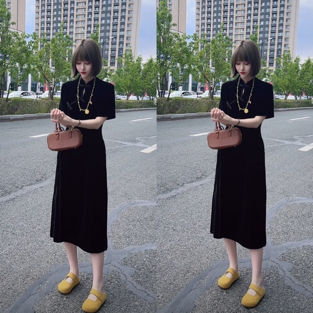 敏宝儿➕6530盘口丝绒短袖旗袍夏季裙子洋气宽松