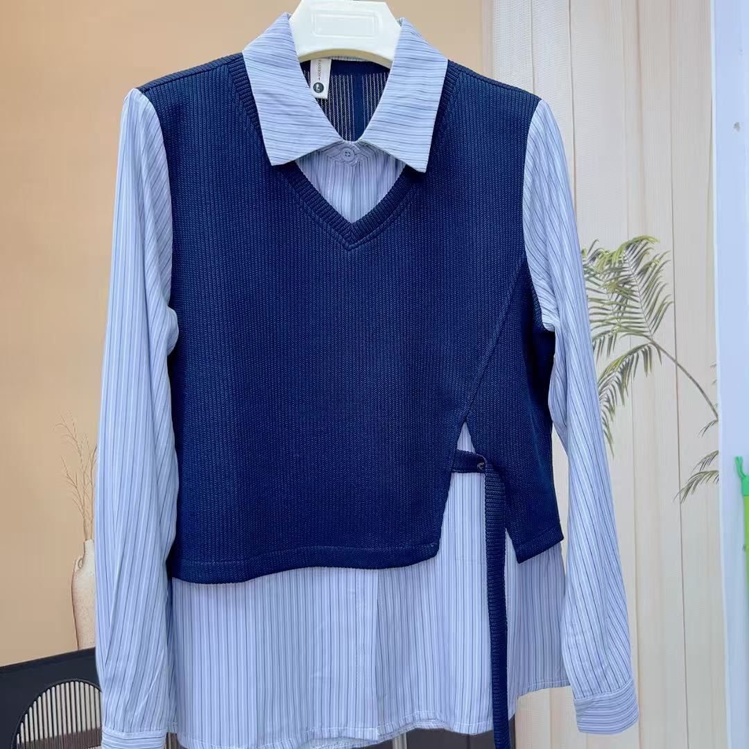 半开领常规不规则假两件衬衫拼接休闲女装上衣针织气质时尚百搭