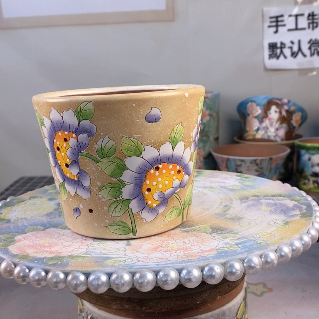 紫砂花盆红陶手绘花盆