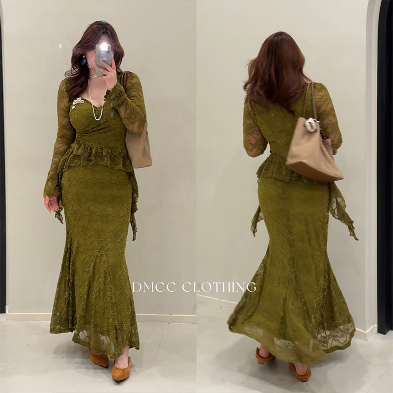 DMcc【橄榄茶歇】高级复古轻熟御姐蕾丝套装法式气质性感绿色长裙