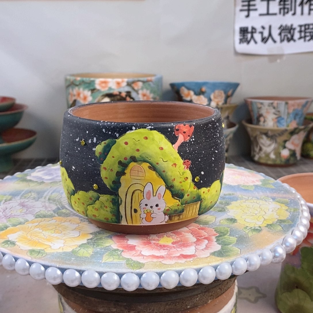 紫砂花盆红陶手绘花盆