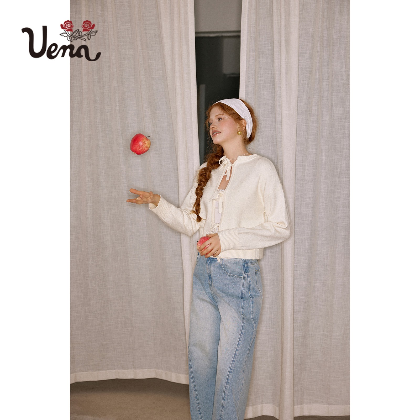 【晴天漫游记】Uena奶白色绵羊毛混纺正反两穿设计感绑带针织衫女