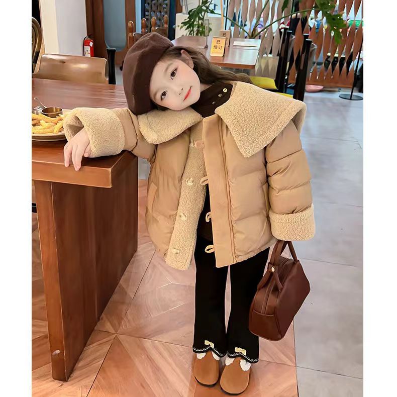 娃娃领棉服冬装女童加绒韩版C类加厚棉袄纯色短款