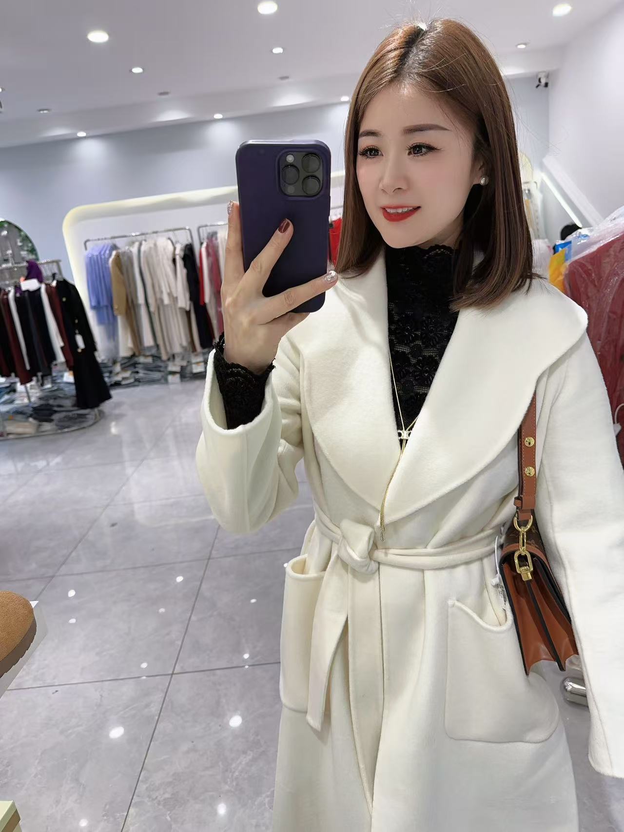 雪琴小屋洋气花边翻领全羊毛长款大衣