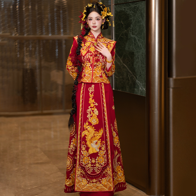 秀禾立领直襟长裙常规款七分袖旗袍婚礼服中国风礼服出阁服1050