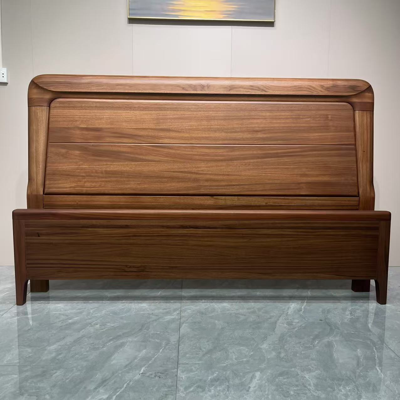 E01  乌金木简约家用实木床新中式主卧床一米八双人床储物高箱床