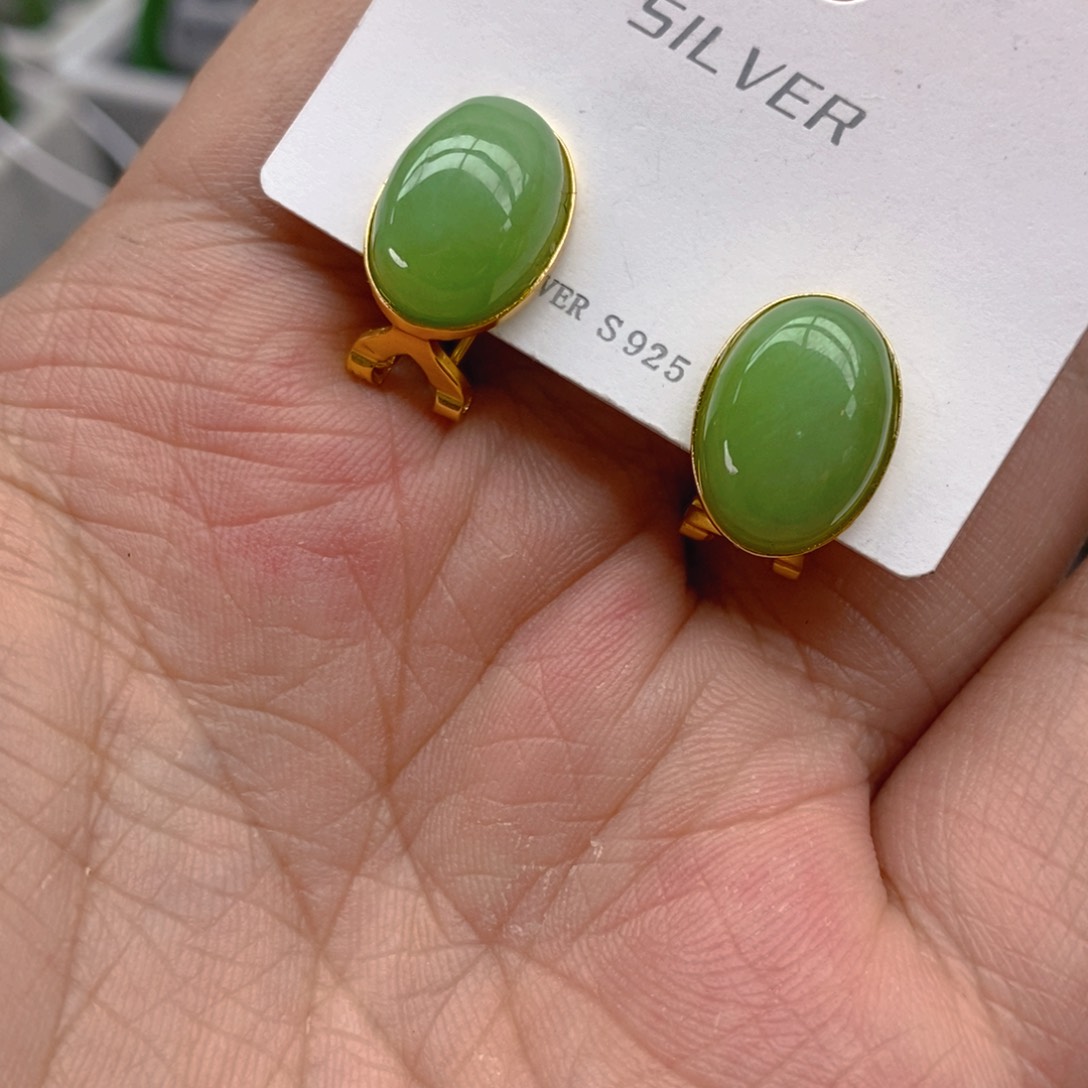 和田玉（碧玉）耳饰银S925镀金镶嵌