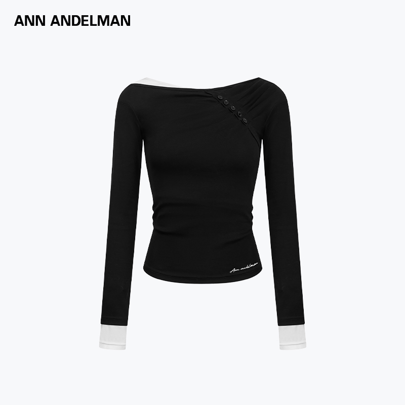 ANN ANDELMAN 假两件薄针织撞色长袖t恤斜肩秋上衣女新款