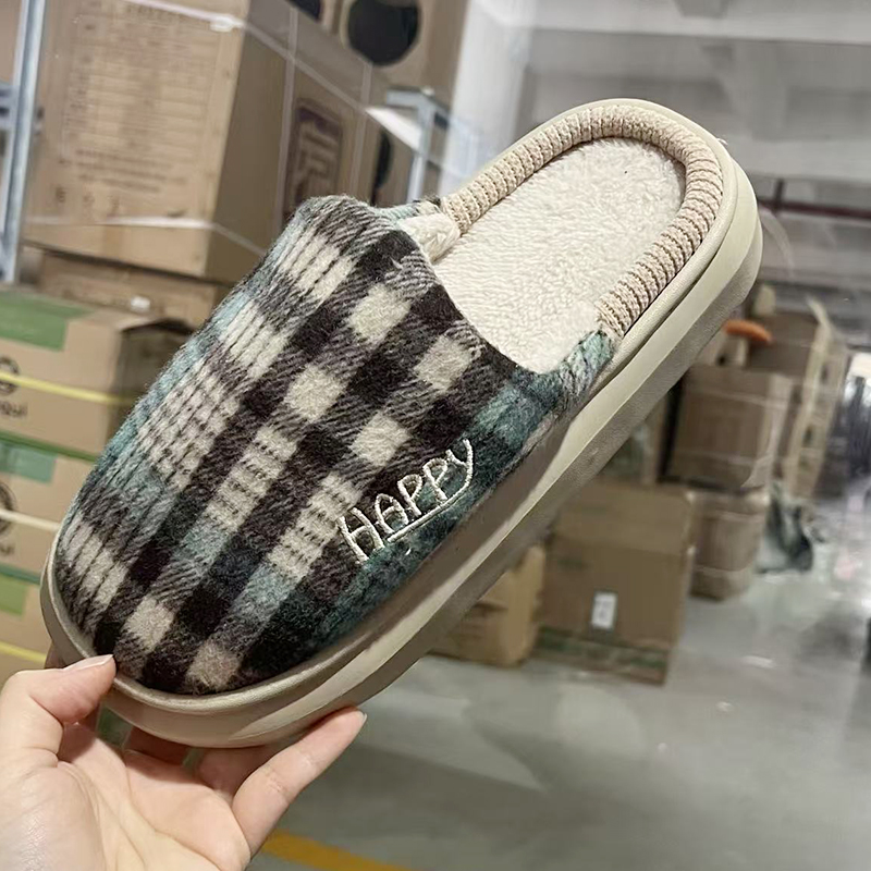 格子布棉拖鞋2528男冬防滑厚底条纹毛绒保暖外穿居家女秋冬