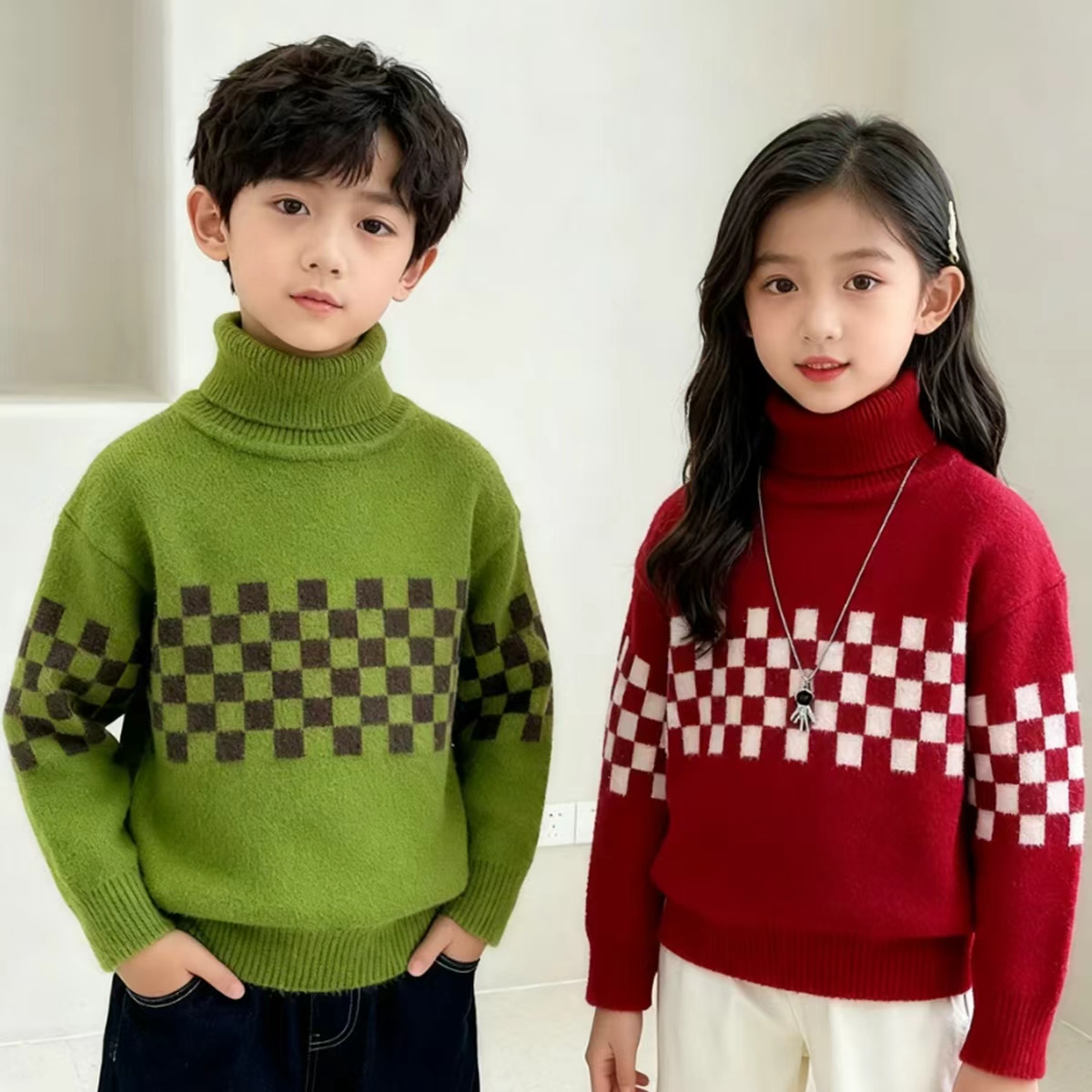  秋冬季儿童2025加厚加绒保暖高领毛衣男女童百搭打底衫韩版潮童