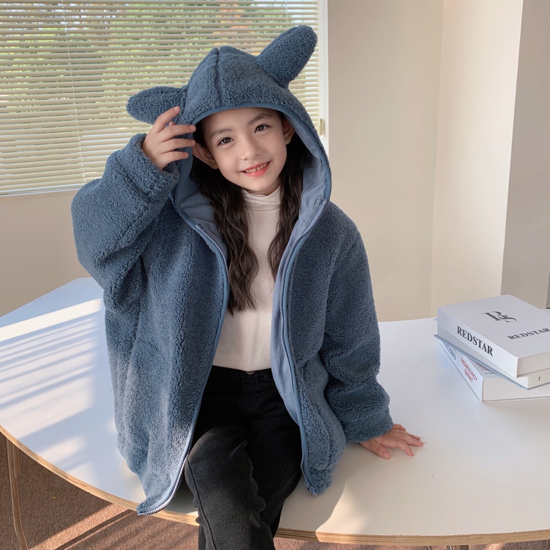 283男女童儿童短款保暖摇粒绒防风立体兔耳外套