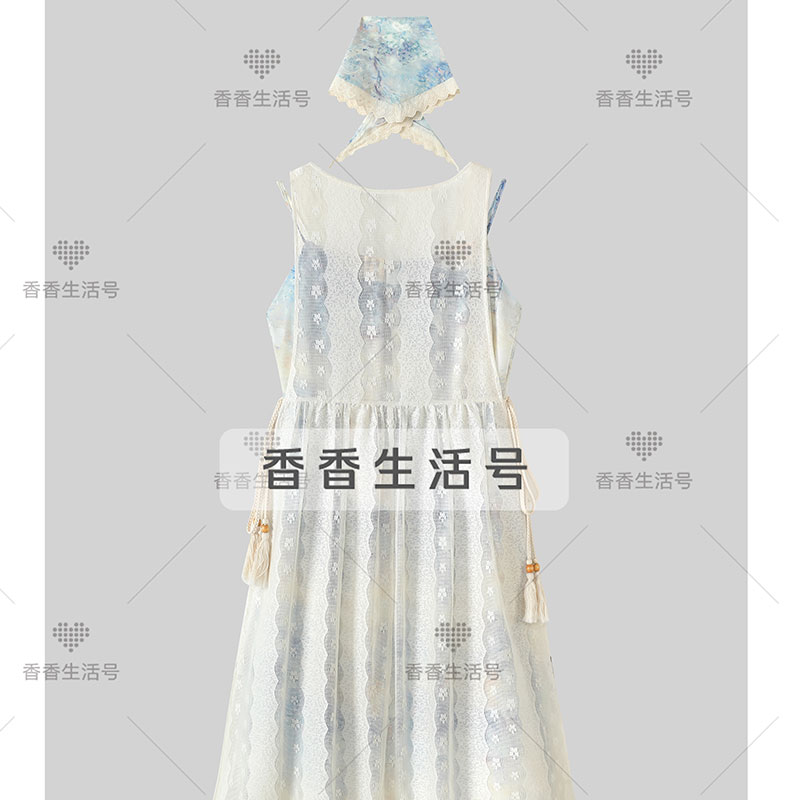 法式度假风甜美碎花连衣裙含头巾三件套装2024夏季新款百搭套装