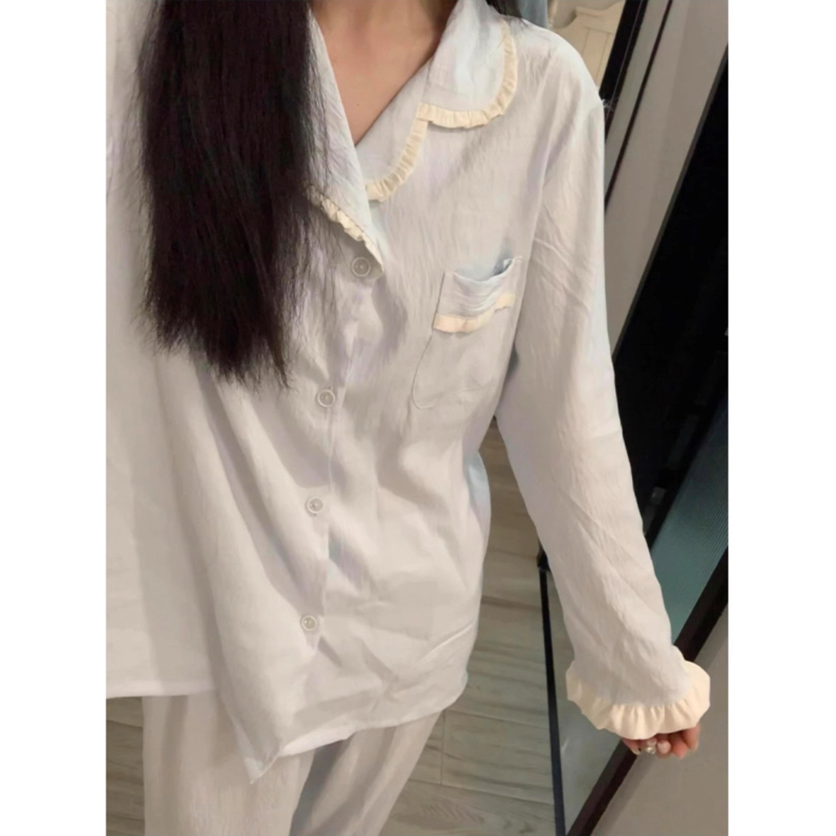 甜美少女风奶蓝色长袖云朵棉睡衣女秋季花边家居服