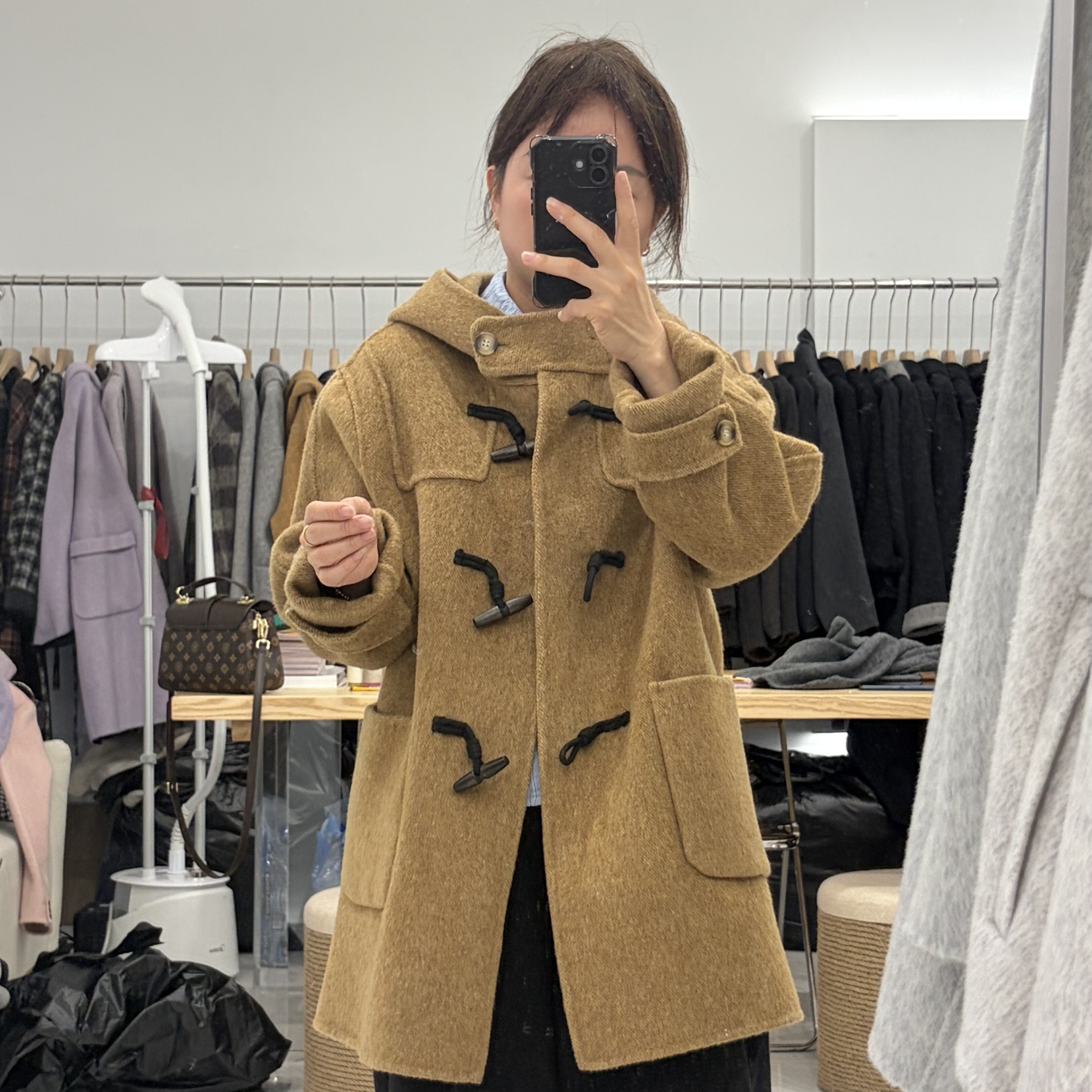 牛角扣双面大衣女学院风连帽宽松小个子秋冬韩版减龄外套