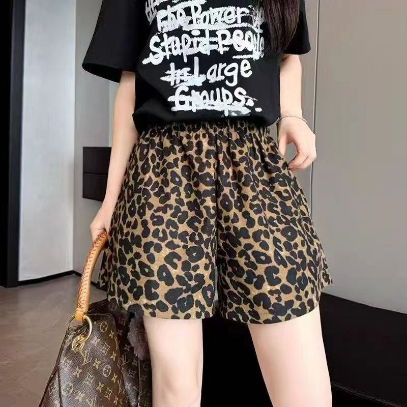 大码松紧腰豹纹印花短裤女欧货高腰外穿显瘦阔腿休闲裤6977