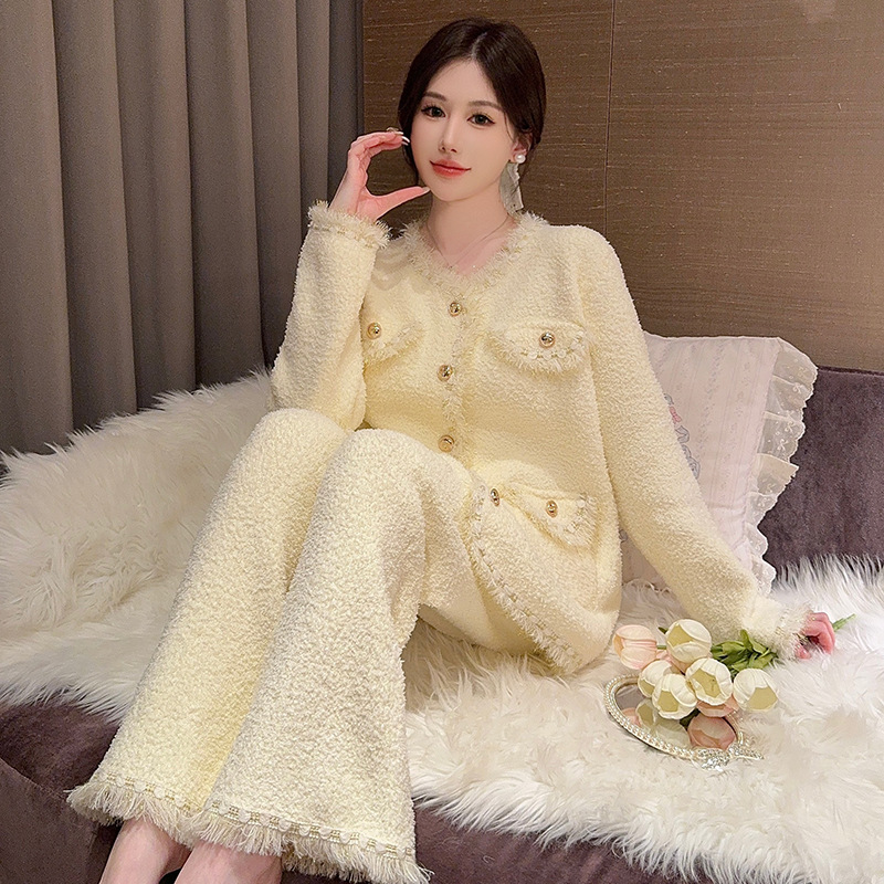 小香风睡衣女2025秋冬新款半边绒米白色金丝高级感保暖家居服居家