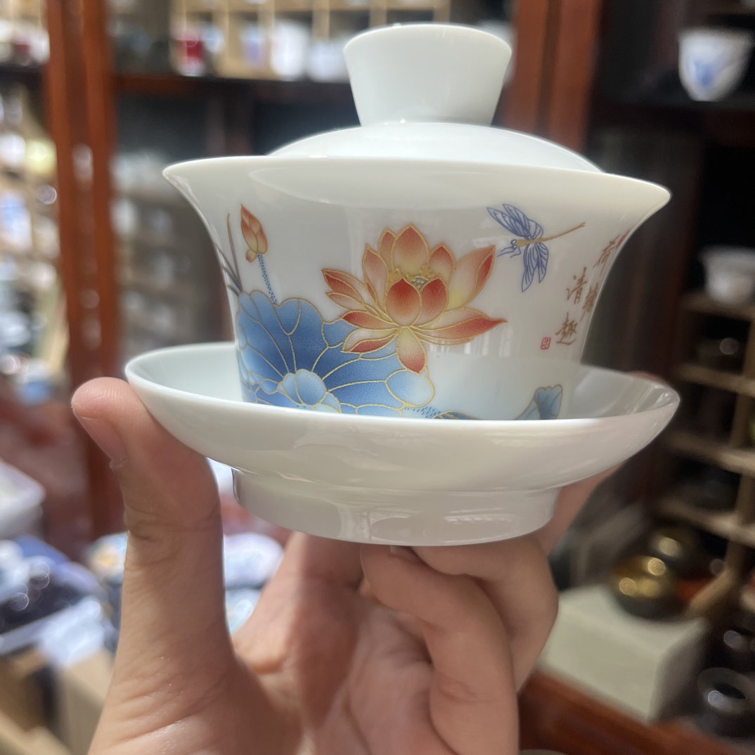 100ml三才盖碗荷花白瓷盖碗家用陶瓷盖碗茶碗功夫茶具复古茶具