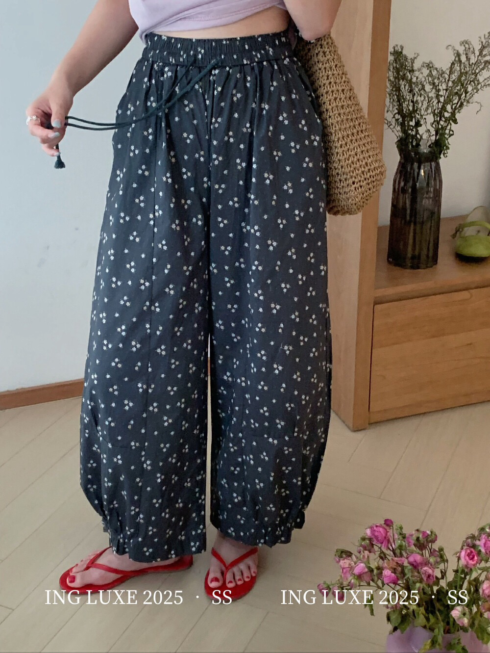 韩系田园风松紧腰碎花休闲花苞女裤夏季流行