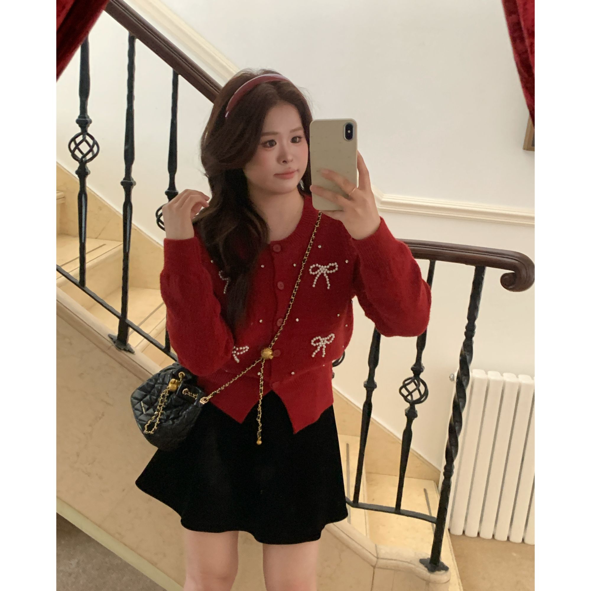 【圣诞甜心】大头婷微胖定制特别致蝴蝶结毛衣搭百搭丝绒半裙 M2069