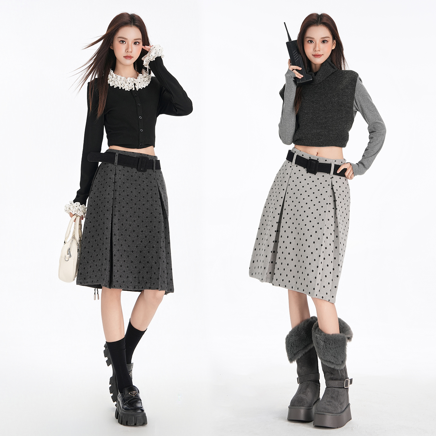 1618复古波点毛呢半身裙女2025秋冬新款高腰显瘦百搭压褶a字中裙