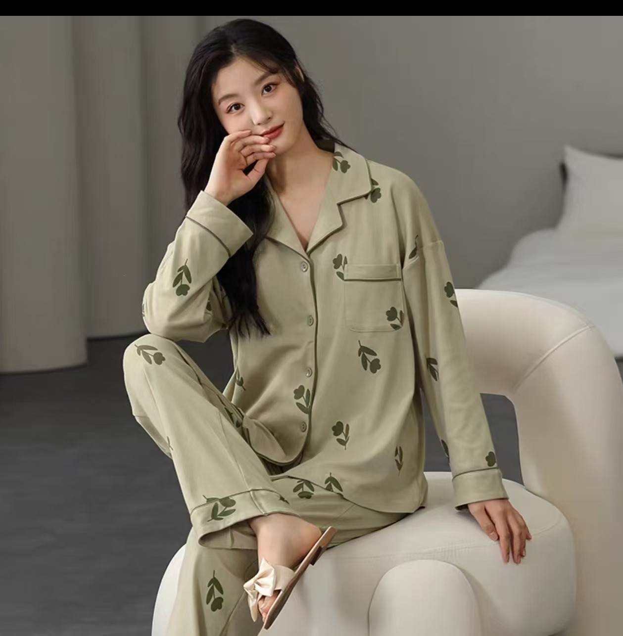 睡衣长裤长袖纯棉睡衣秋冬秋季家居服套装套装时尚宽松休闲翻领