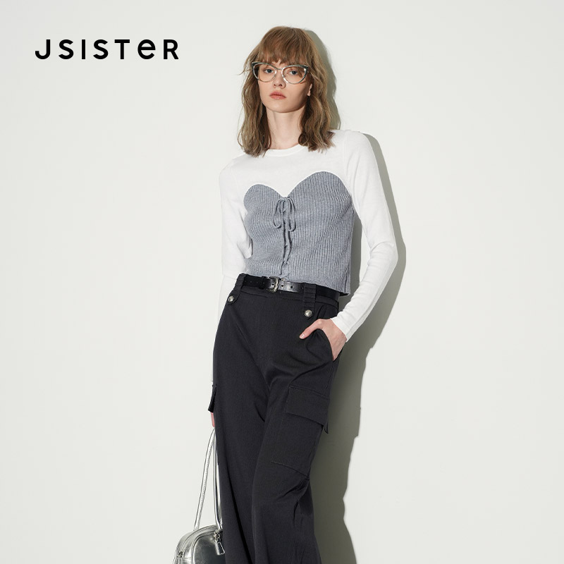 jsister春季新款 JS女装时尚灰白设计感假两件修身针织衫