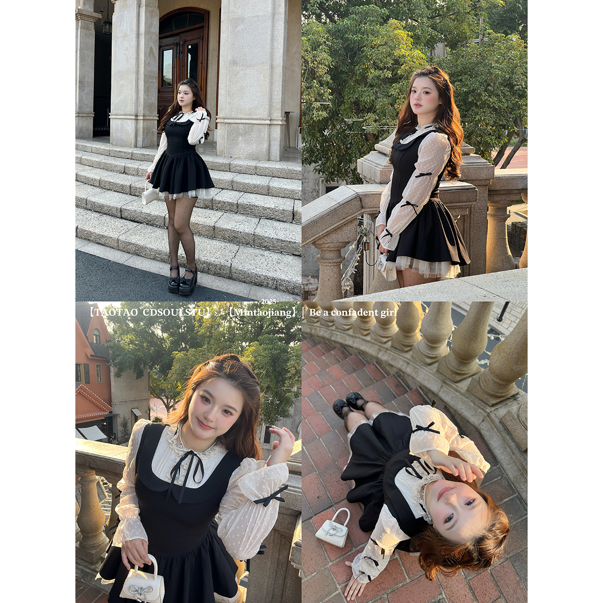 SWEET【画报千金】微胖法式甜美波点蕾丝拼接假两件显瘦蓬蓬连衣裙