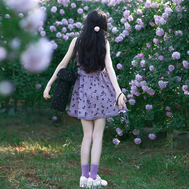 【现货+运补】紫色无袖碎花吊带2025新款爆款小个子收腰短裙