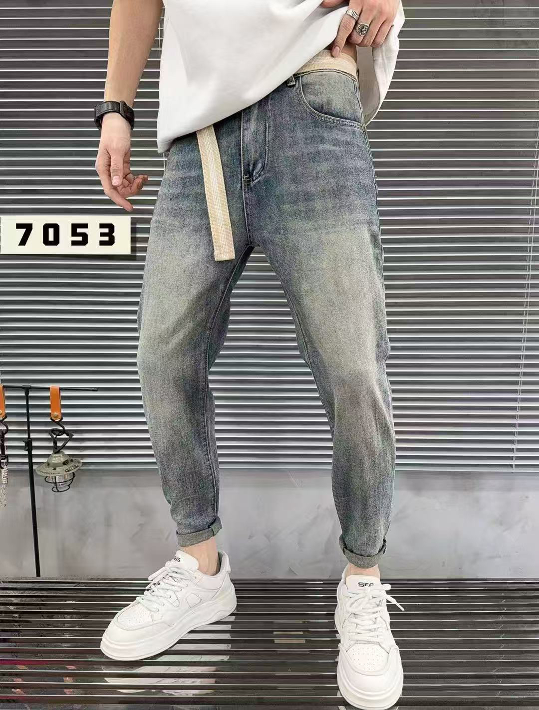 夏季浅色薄款水洗修身小脚牛仔裤男士舒适百搭潮流弹力九分裤7053