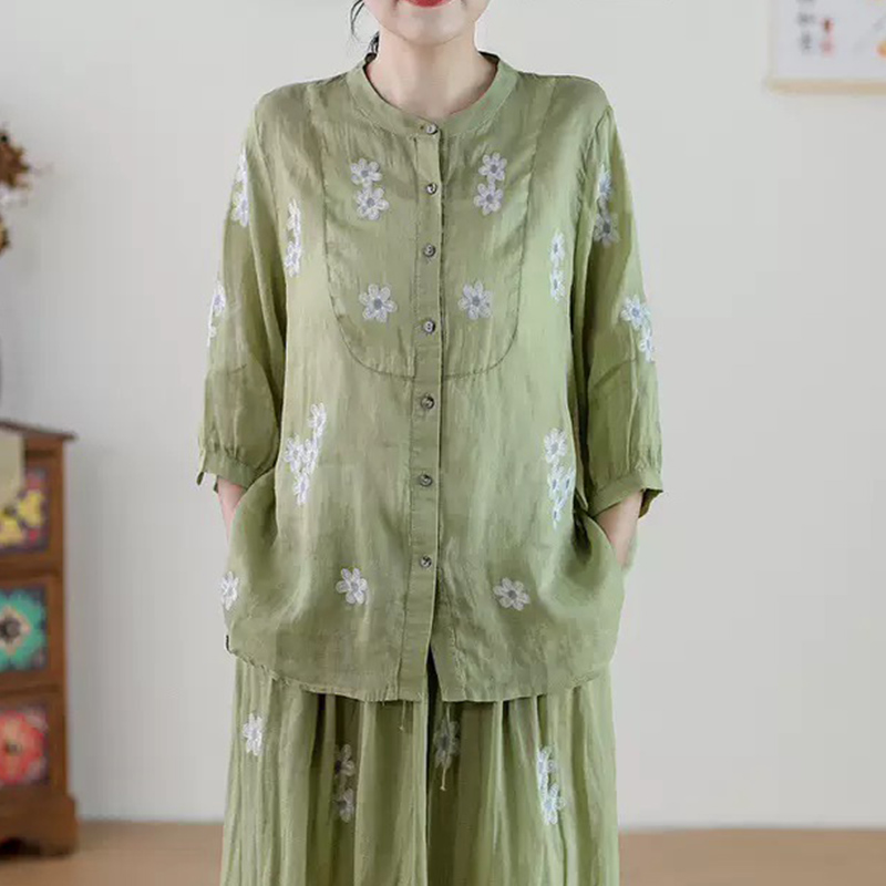 复古苎麻内里包边刺绣圆领衬衫女夏文艺大码显瘦休闲上衣