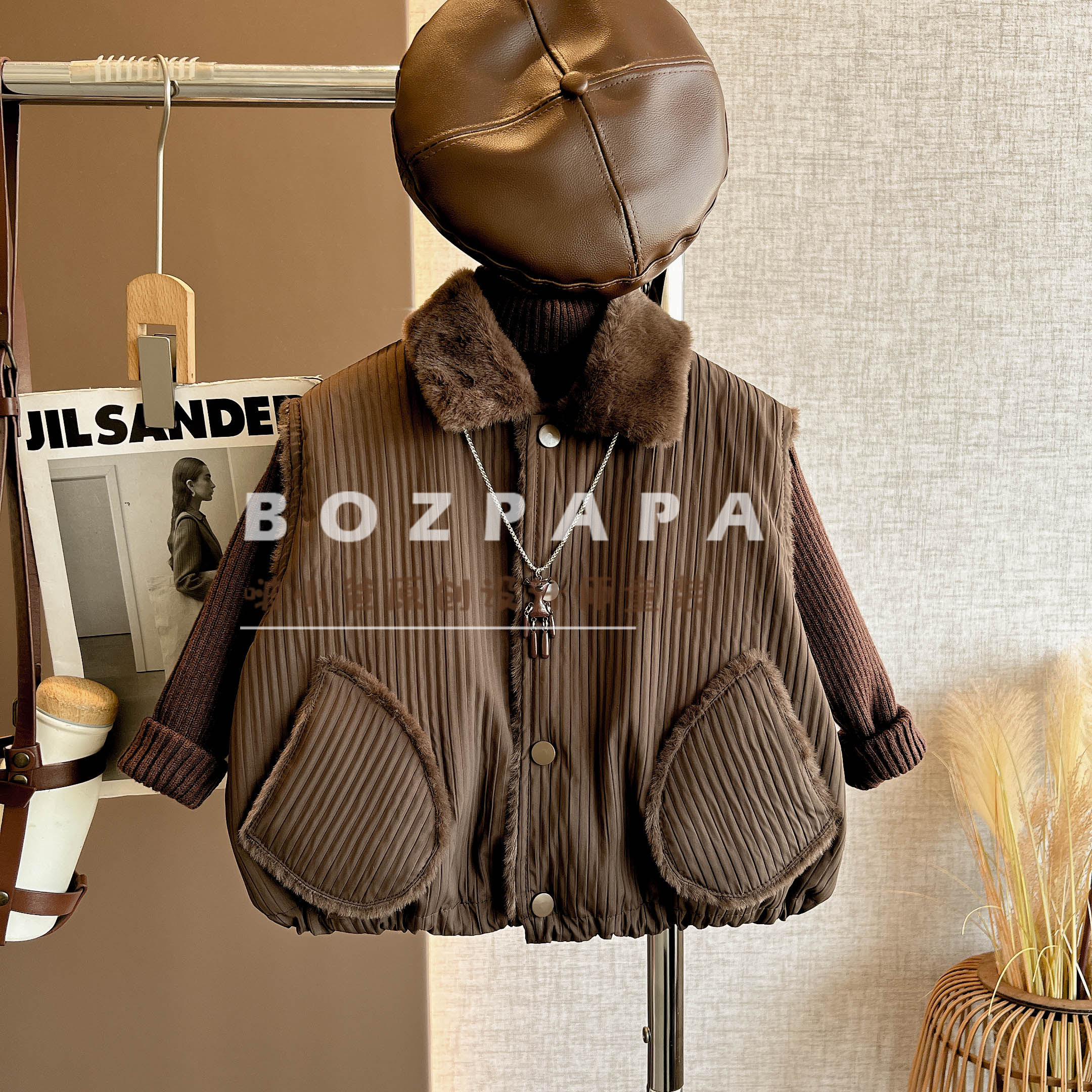 啵小爸【香樟树下】2025秋冬季男童韩系绒绒领竖条纹加绒马甲