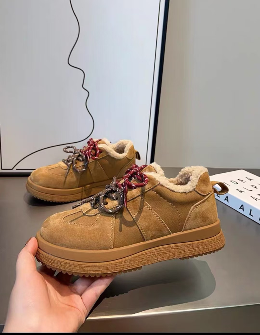 系带休闲健步胶粘松糕底休闲板鞋保暖韩版冬季高帮