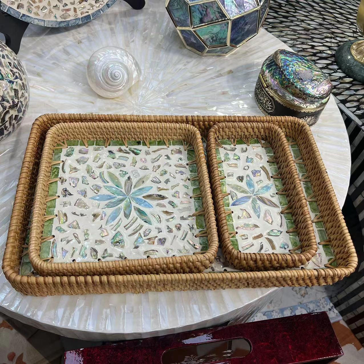 KA-||藤编【水蓝调】点心贝壳镶嵌水果盘37*23*5中22*22*4小22*12