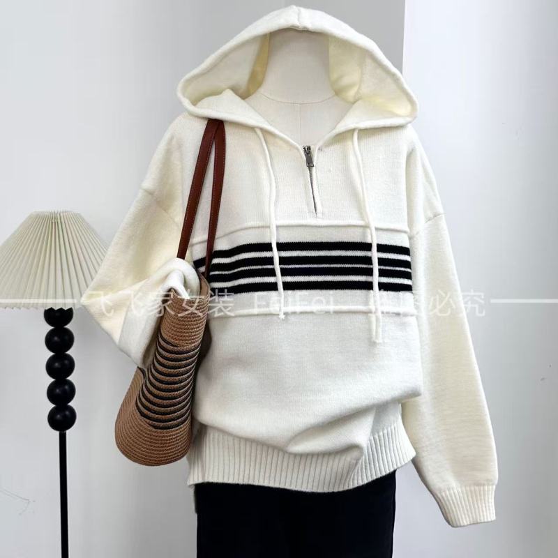 飞飞家~韩系条纹撞色卫衣 慵懒感#连帽毛衣显白洋气女Y9156杏