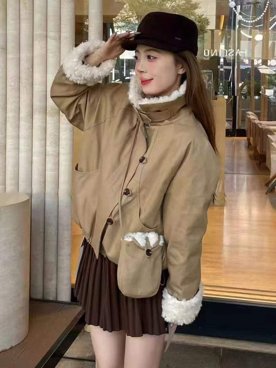 学院风冬款厚款韩版加绒毛毛领休闲长袖落肩袖短外套