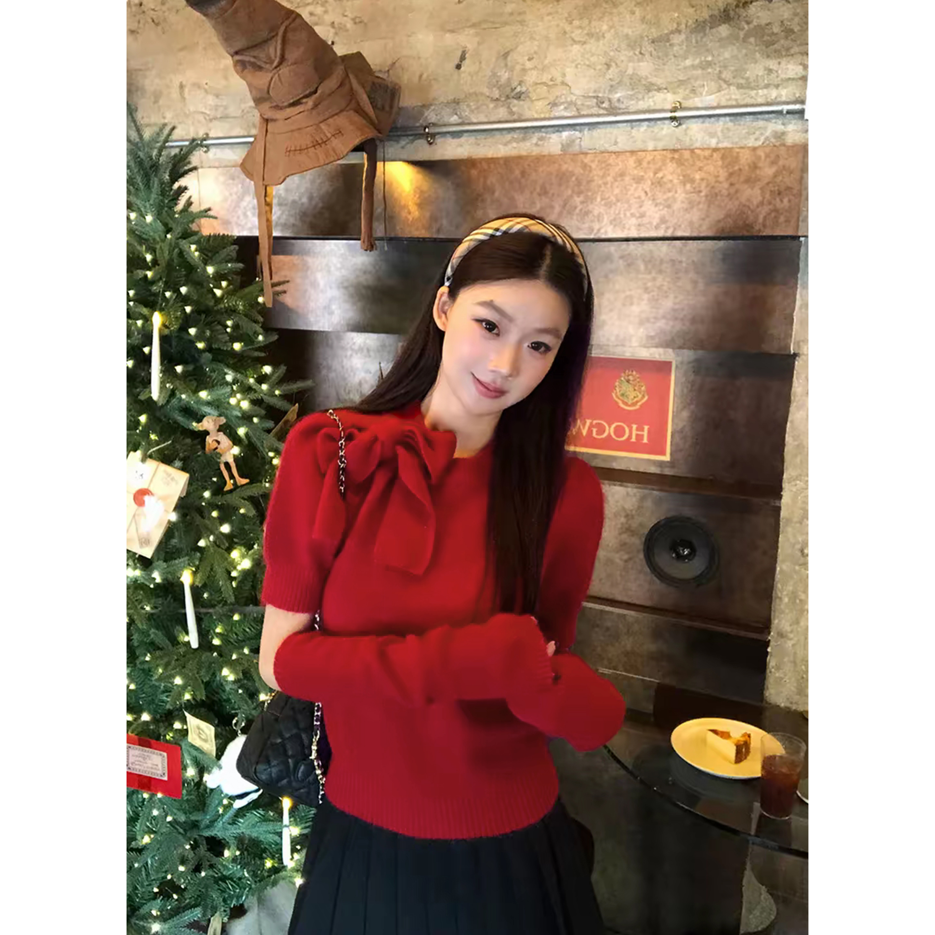 冬季气质圣诞感蝴蝶结泡泡袖毛衣+网纱拼接T恤假两件 Q 5077#