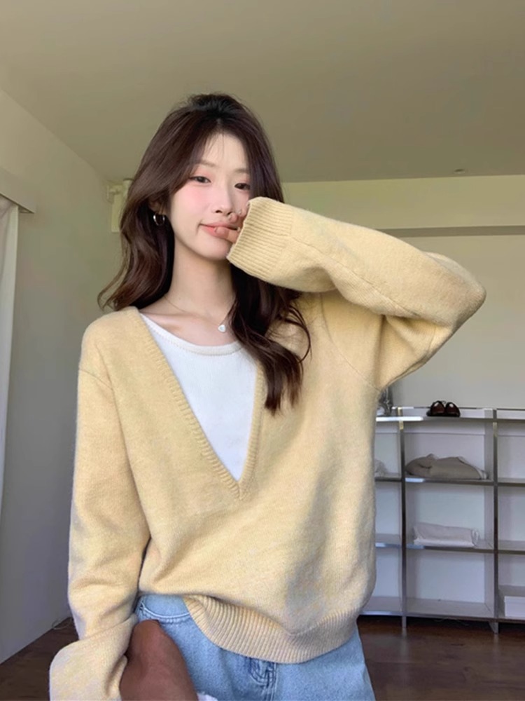 黄色假两件针织衫上衣女2025春秋新款设计感慵懒学院风长袖毛衣