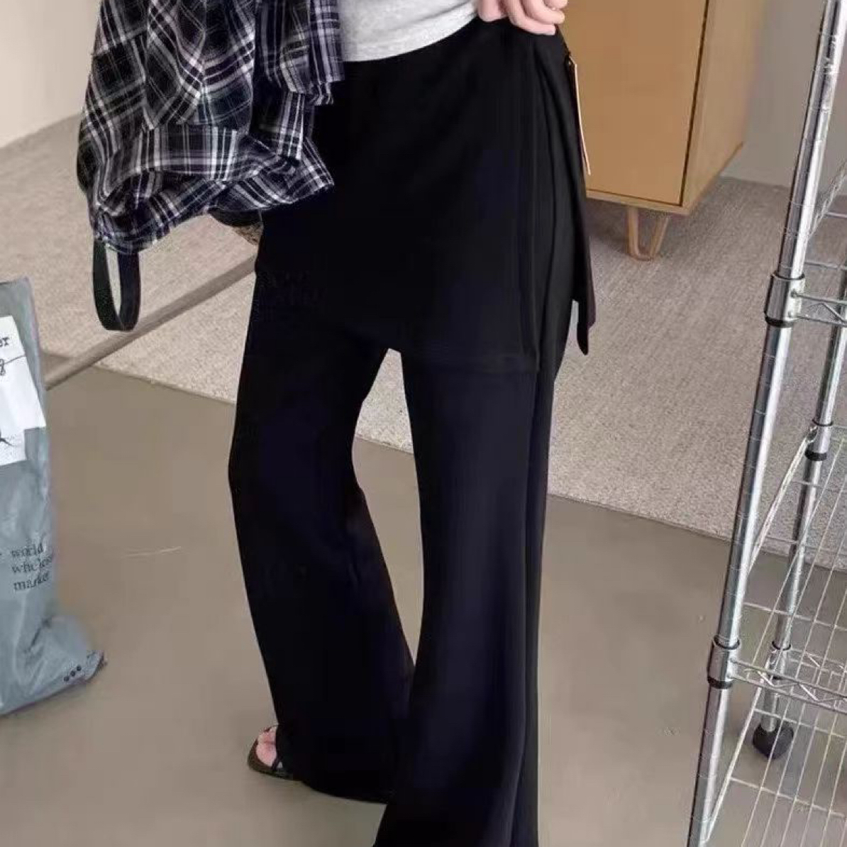 秋冬新款加绒高腰显瘦遮肉两片式时尚屁帘微喇裤女