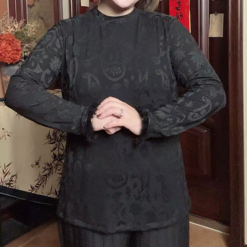 格格大码新中式国风提花圆领长袖T恤女装新款内搭打底衫上衣