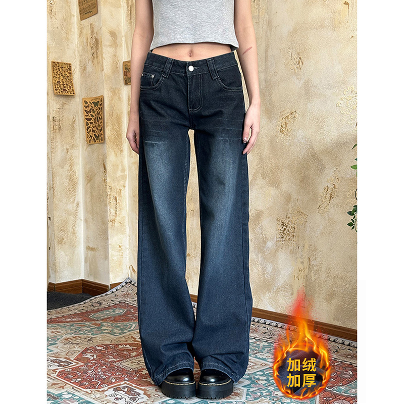 美式复古做旧不贴腿微喇牛仔裤女秋冬加绒直筒显瘦宽松阔腿长裤子