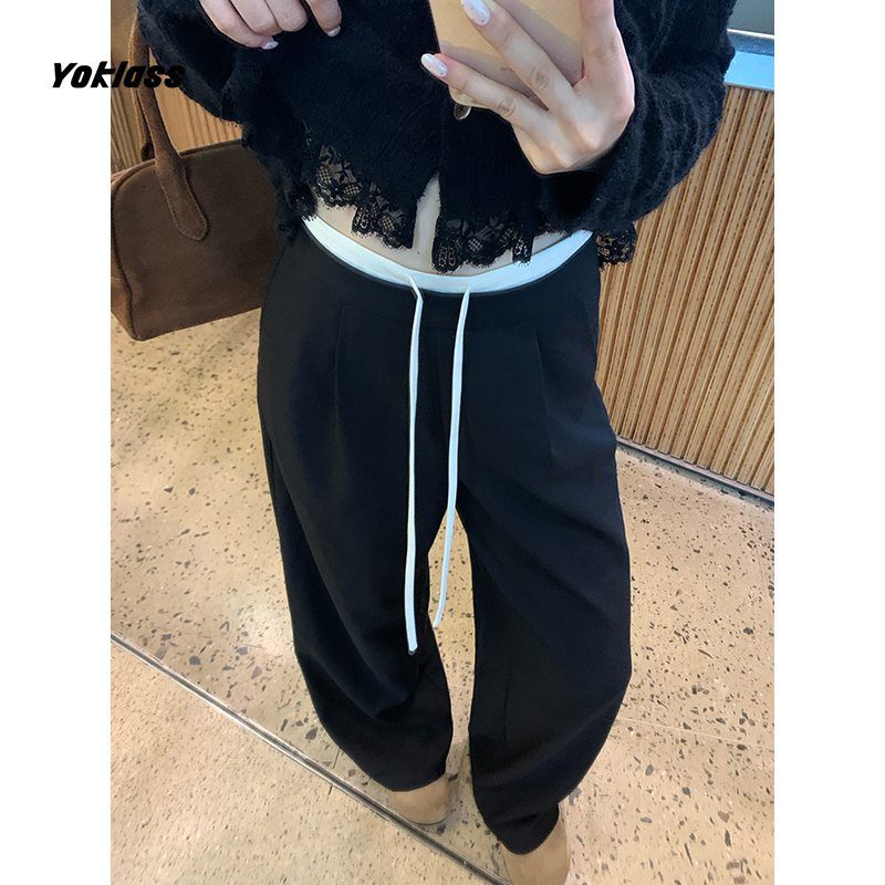 YOKLASS少女家【清清】黑色撞色宽运动松直筒休闲裤 K36960S53