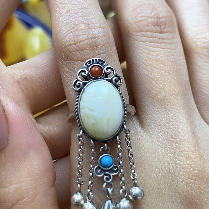 琥珀戒指银S925镶嵌戒指