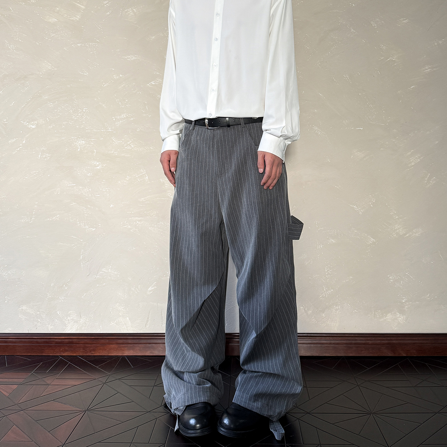 美式老钱风竖条纹褶皱垂感休闲裤男女潮cleanfit松弛高级直筒长裤